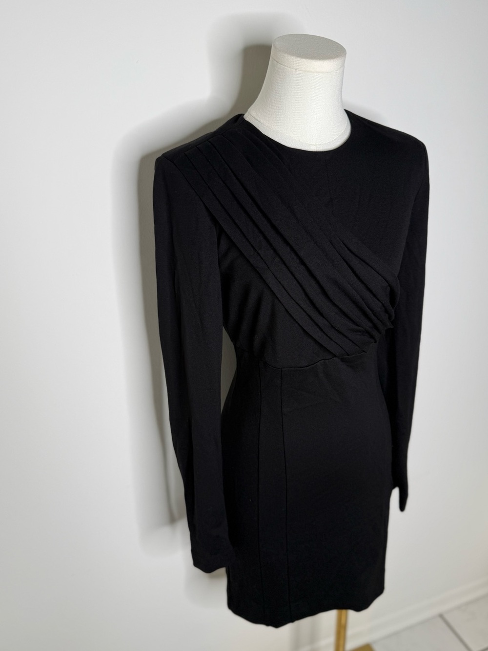 Ronny Kobo Collection Black Long Sleeve Pleated-Detail Dress